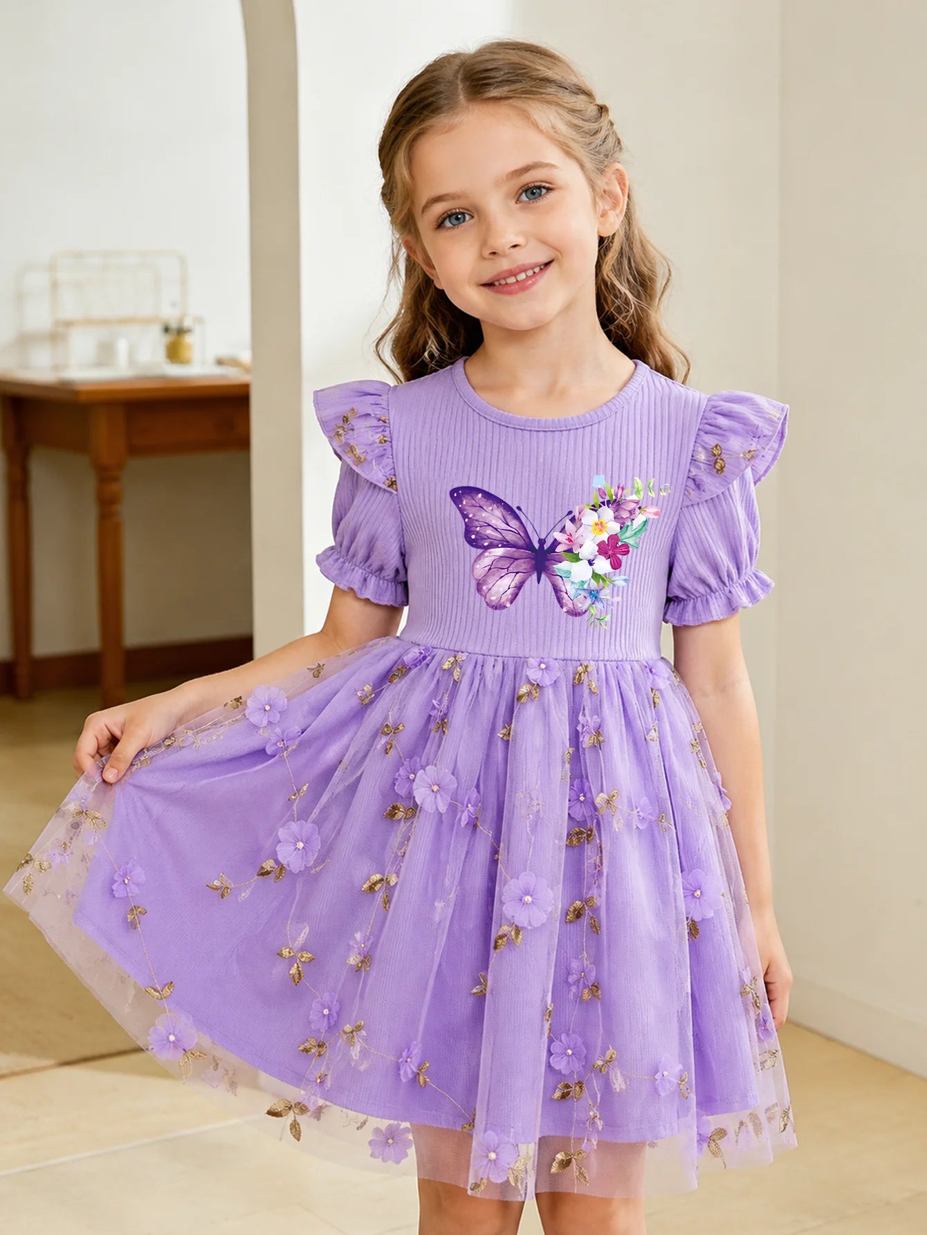 Rainbow Purple Tulle Puff Sleeve Princess Dress