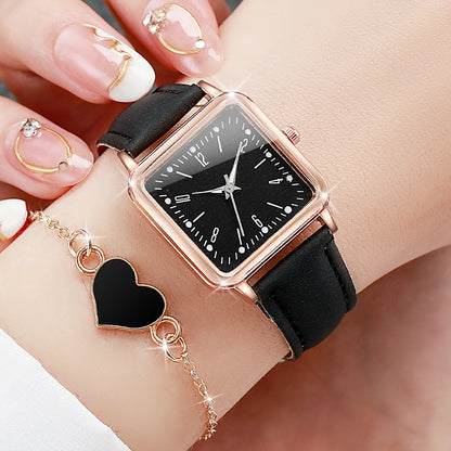 Square Leather Quartz Watches Heart Bracelet Set