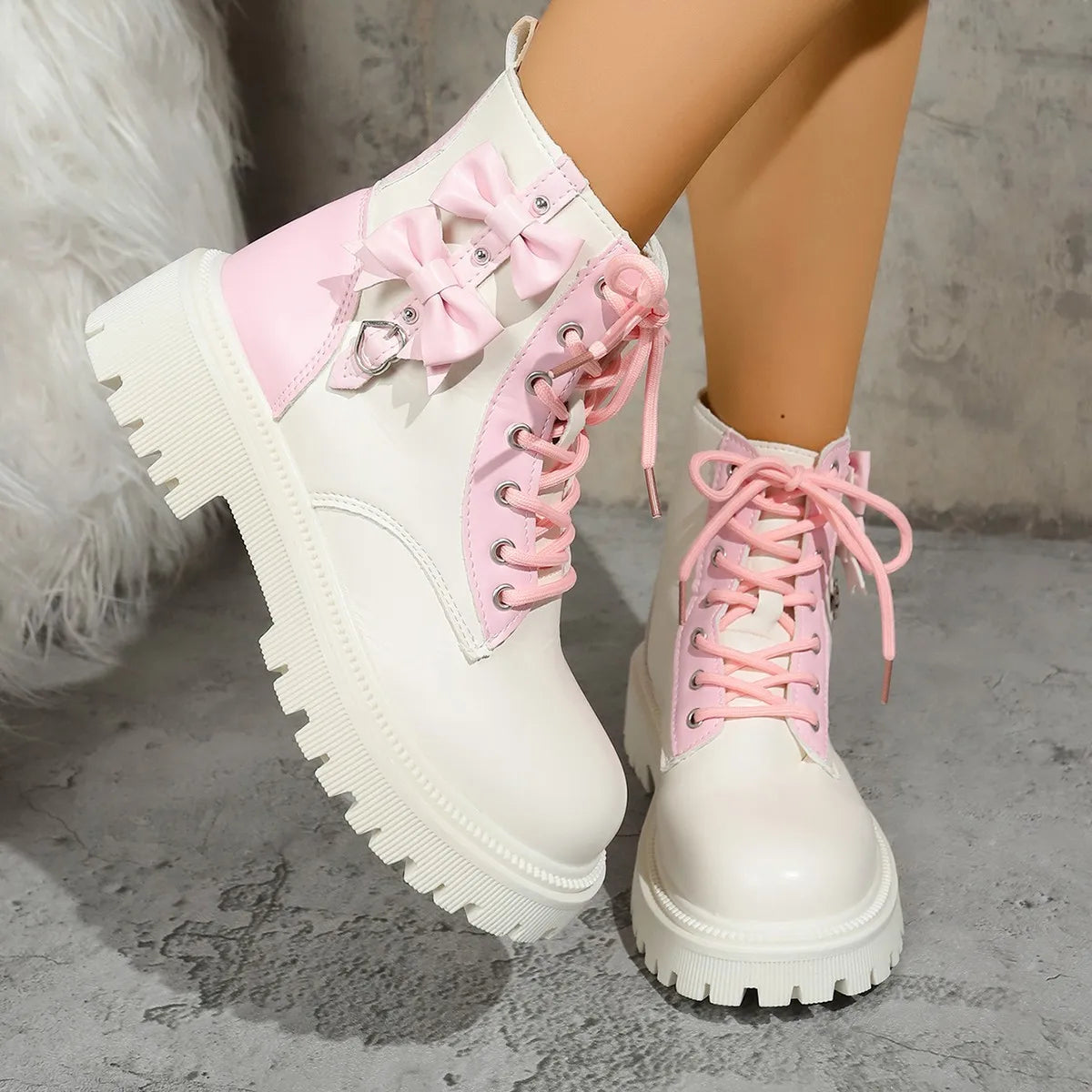 Sweet Pink Bowknot Mix Color Ankle Thick Bottom Lace Up Boots