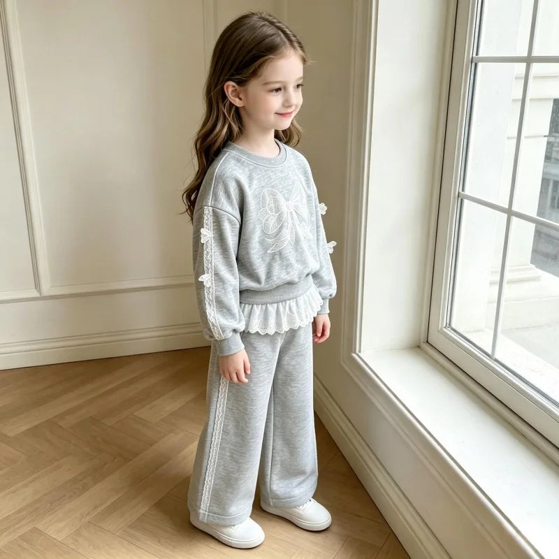 Autumn Bow Sweatshirt+Lace Patchwork Pants Set