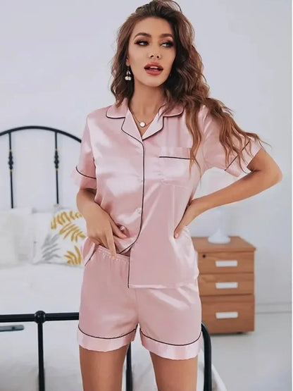 Sleepwear Silk Satin Short Sleeve Pyjamas Set