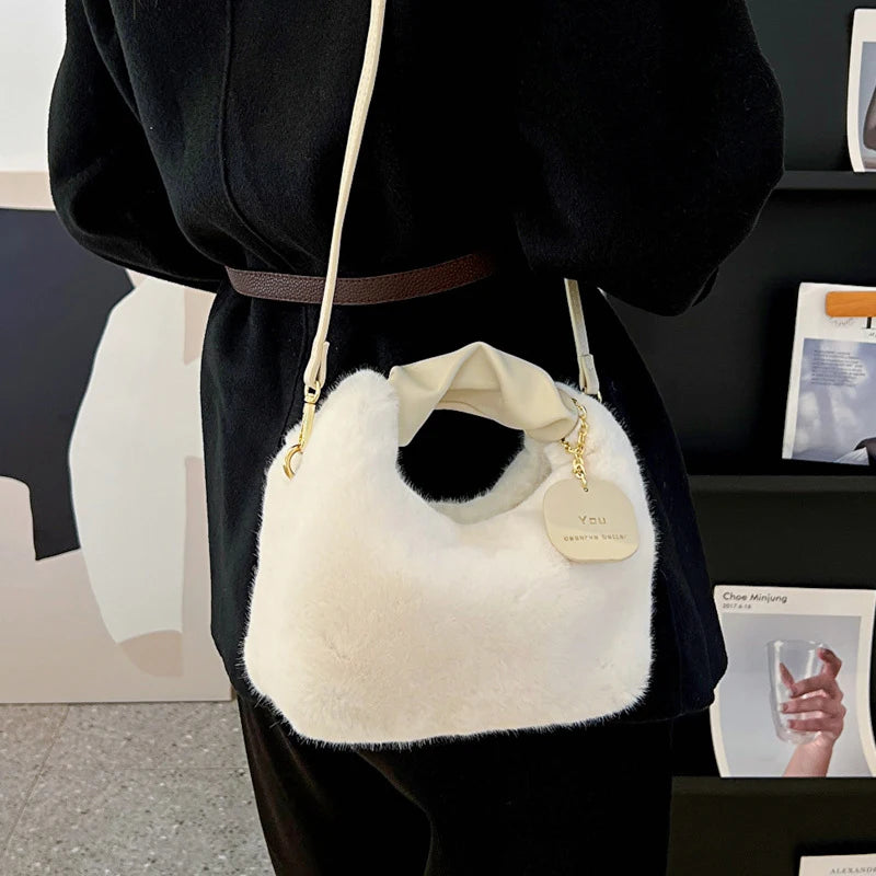 Faux Fur Plush Ruched Handle Small Shoulder Crossbody Bag
