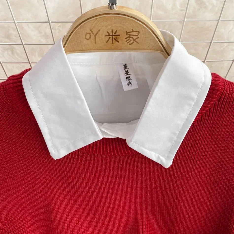 Chic Age-Reducing Long Sleeve White Shirt Sweater Loose Fit Knit Vest Pullover Set