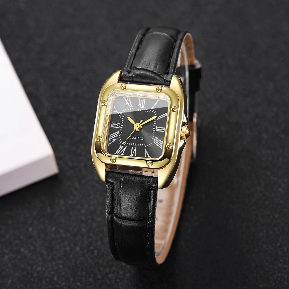 Square Leather Strap Roma Dial Quartz Watch