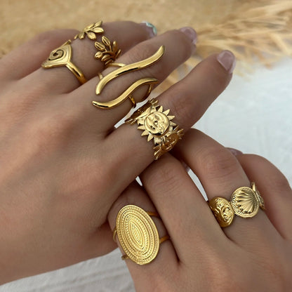 PVD Plated Stainless Steel Open Vintage Sun Leaf Shell Geometric Cuff Ring Set