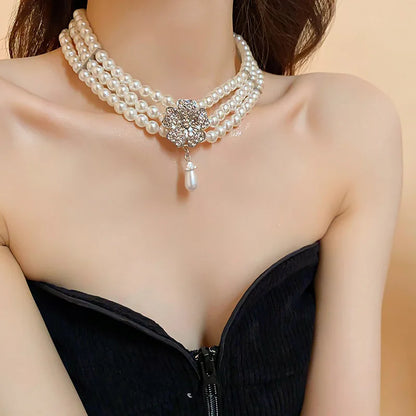Rhinestone Flower Pearl Necklaces Jewelry Sets