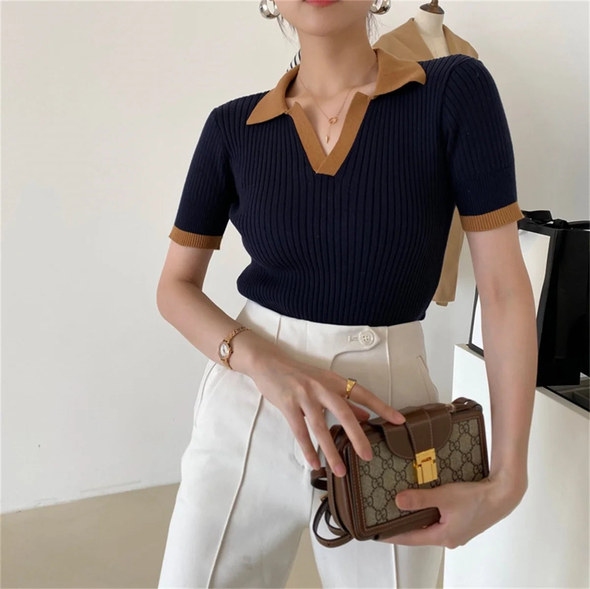 Short Sleeve Polo Neck Knitted Lightweight Knitted Sweater Polo Shirts