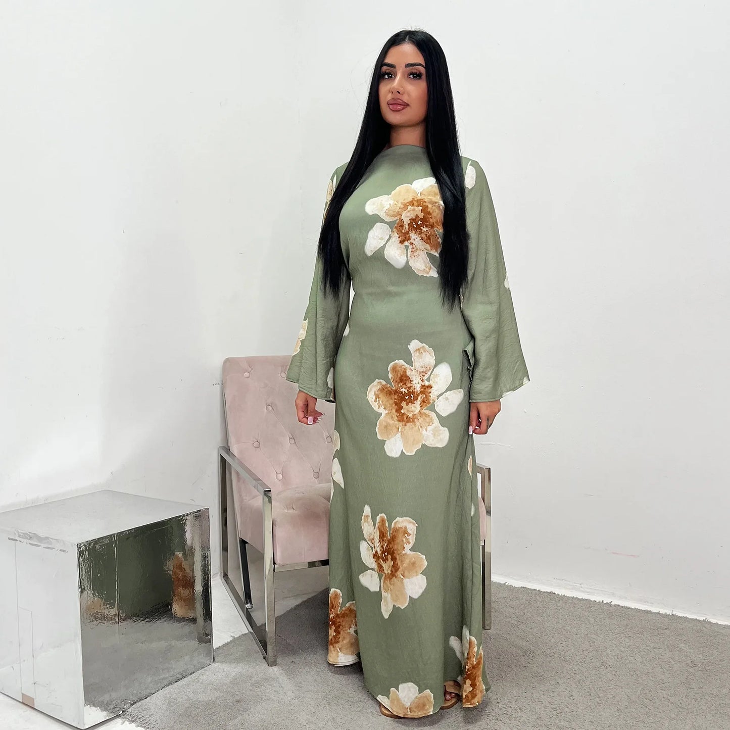 Arabesque Bell Sleeve Flowy Maxi Abaya Dress