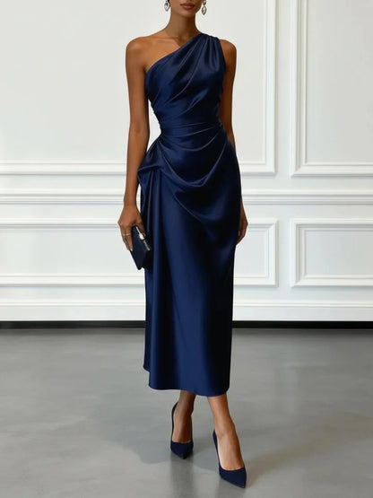 One Shoulder Satin Midi Dress With Ruched Waist Sleeveless