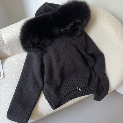 Autumn Winter Casual Hooded Real Fox Fur Collar Short Knitted Jacket