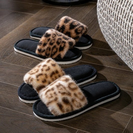Leopard Print Plush Home Non-Slip Sole Soft Open Toe Slippers