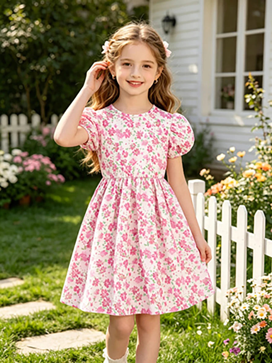 Pink Floral Summer Puff Sleeve Princess Dress
