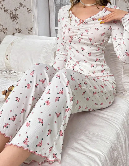 Round Neck Floral Printed Long Sleeve Home Wear Loungewear Set