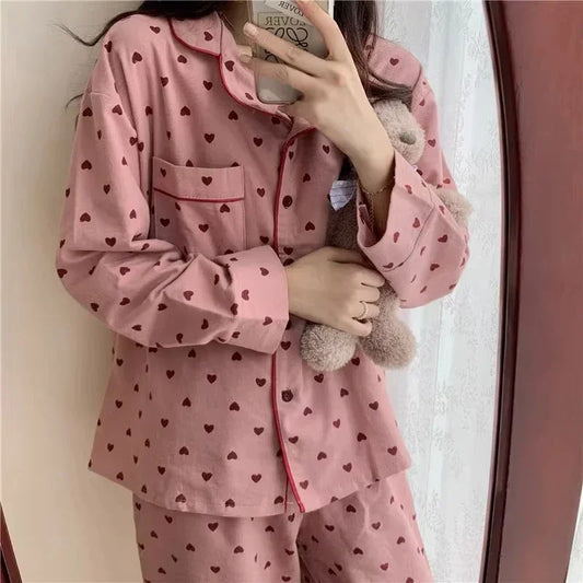 Cardigan Peach Heart Long Sleeves Silk Pyjama Set