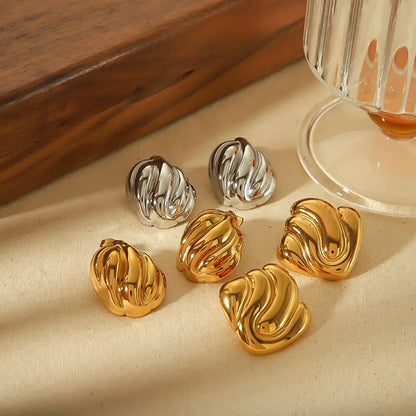 18k Gold Plated Wave Texture Stud Non Tarnish Waterproof Chunky Geometric Square Earrings