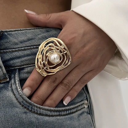 Punk Exaggerated Irregular Metal Wide Imitation Pearl Geometric Rings