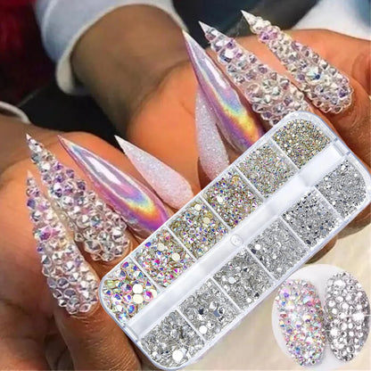 12Gird 3D Glass AB Crystal Nail Art Rhinestones Kit