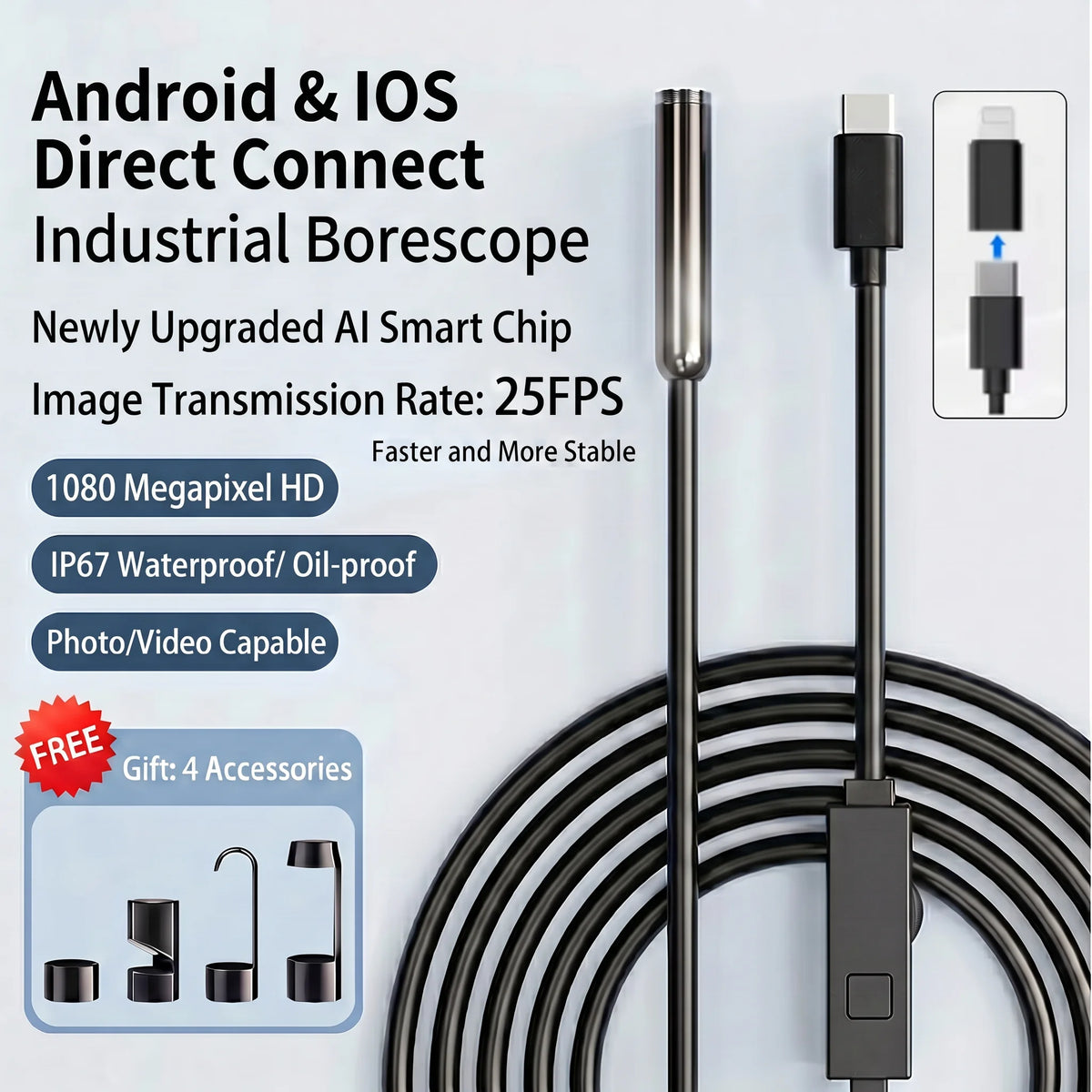 3-in-1 8mm Endoscope Camera HD Inspection Camera Type-C Mini Borescope