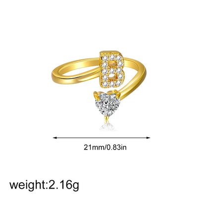 Gold Letter Open Heart Shape Cubic Zirconia  A-Z 26 Letter  Lnitials Rings