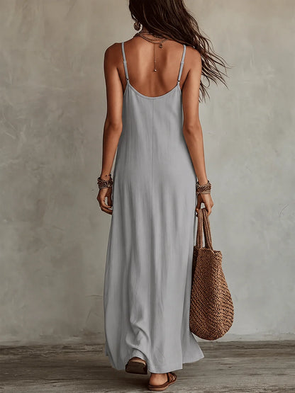 Loose Stain A-Line Long Dress with Thin Straps