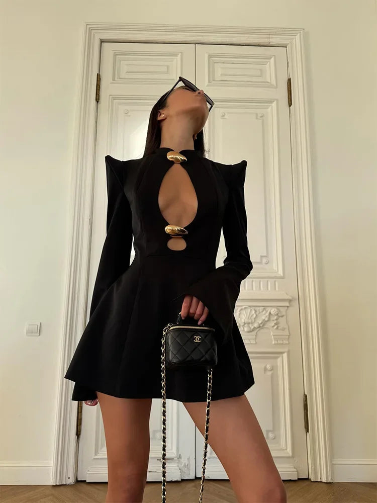 Metal Buckle Long Sleeve Sexy Dress