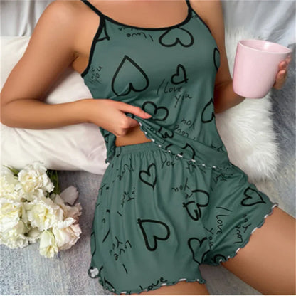 Heart-shaped printed sexy silk Pyjama Set