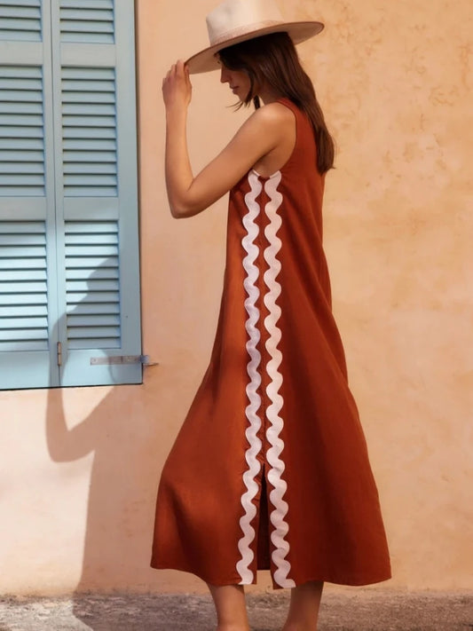Summer Loose Casual O-neck Sleeveless Split Vintage Midi Dress