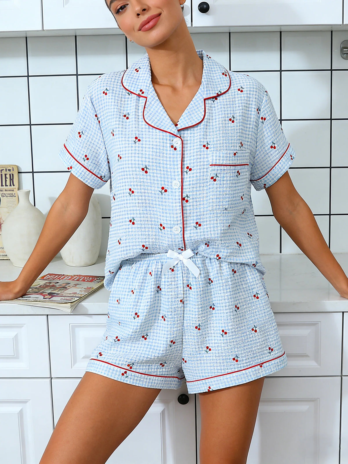 Cardigan Lapel Short Sleeve  Loungewear Cherry Print Pajama Sets