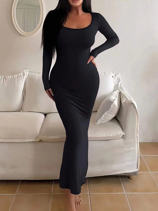 Long Sleeve Bodycon Scoop Neck Long Dress,