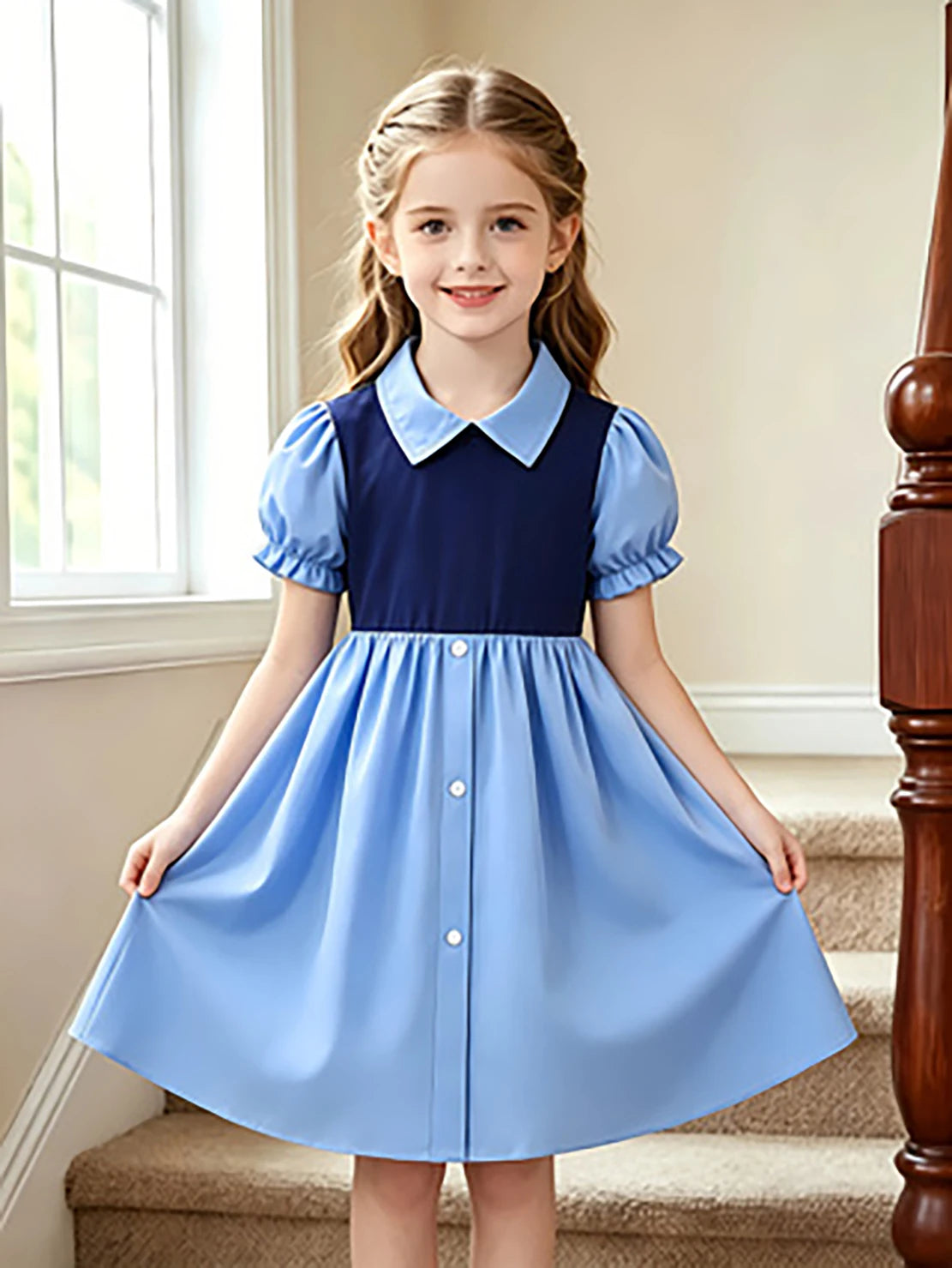 Blue Color Block Preppy Princess Puff Sleeve Dress