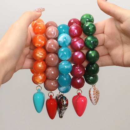 Boho Colorful Round Beads Heart Pendant Elastic Bracelets