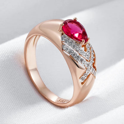 Kinel Unique Ethnic Bride Red Natural Zircon 585 Rose Gold Crystal Rings