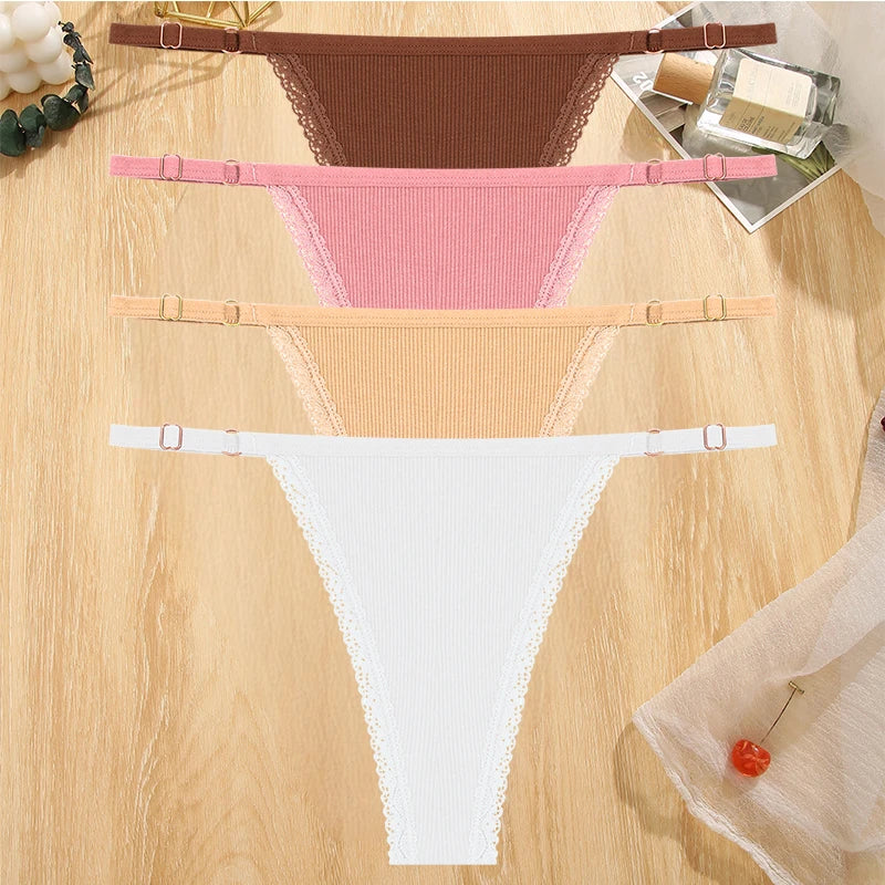 4Pc G-String Cotton Lace Thongs Lingerie Low Rise Straps Hipster