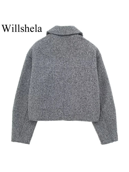 Grey Front Zipper Vintage Lapel Neck Long Sleeves Chic Jacket