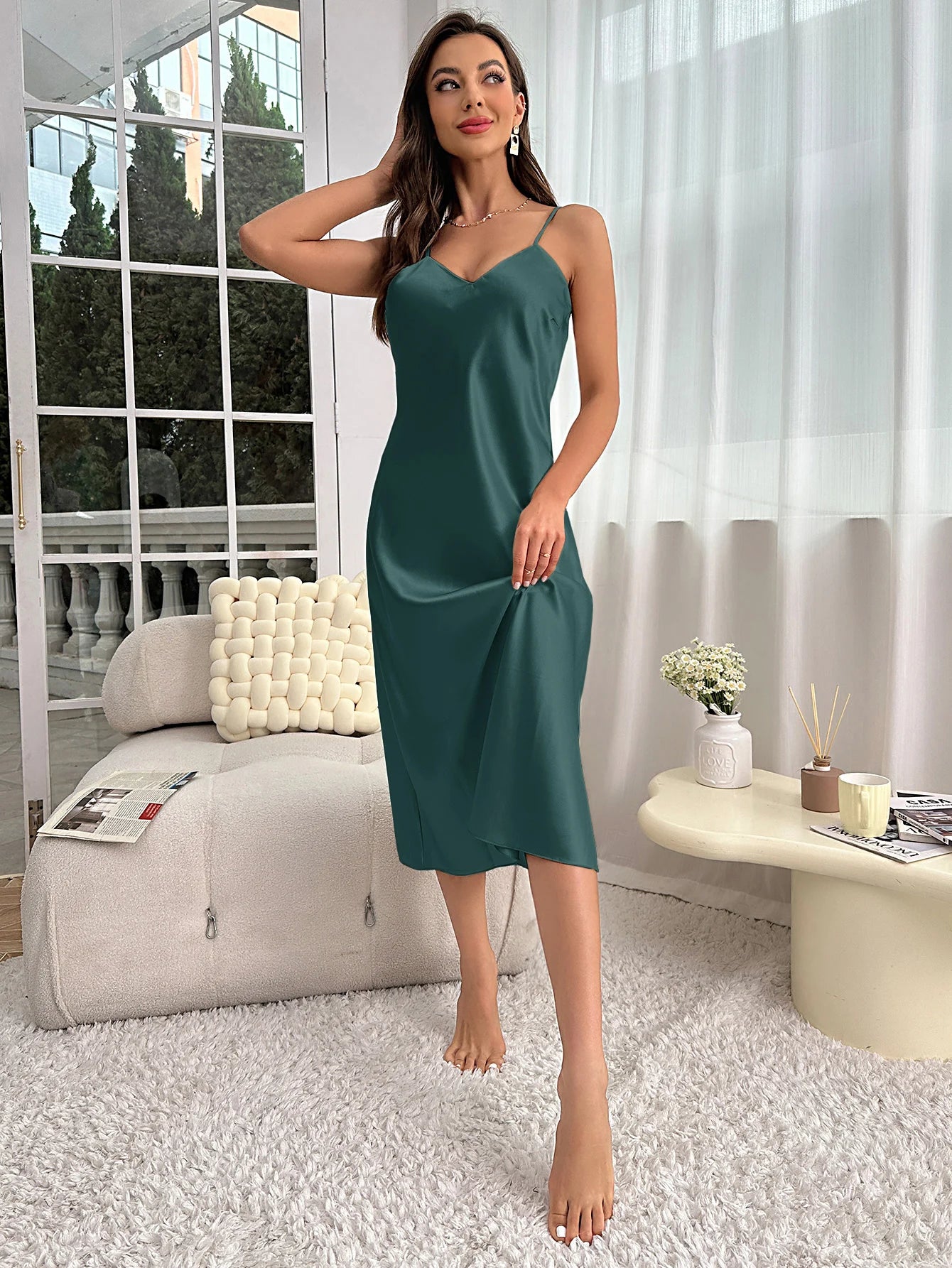 Spaghetti Strap V Neck Elegant Luxury Breathable Loungewear Nightdress