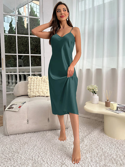 Spaghetti Strap V Neck Elegant Luxury Breathable Loungewear Nightdress