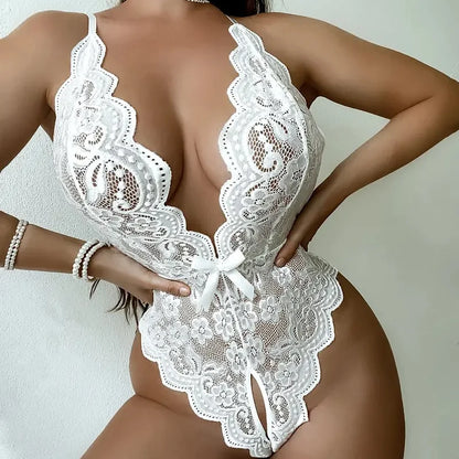 Sexy Lace Hollow Bodysuit Erotic Pajamas Teddy Babydoll Set