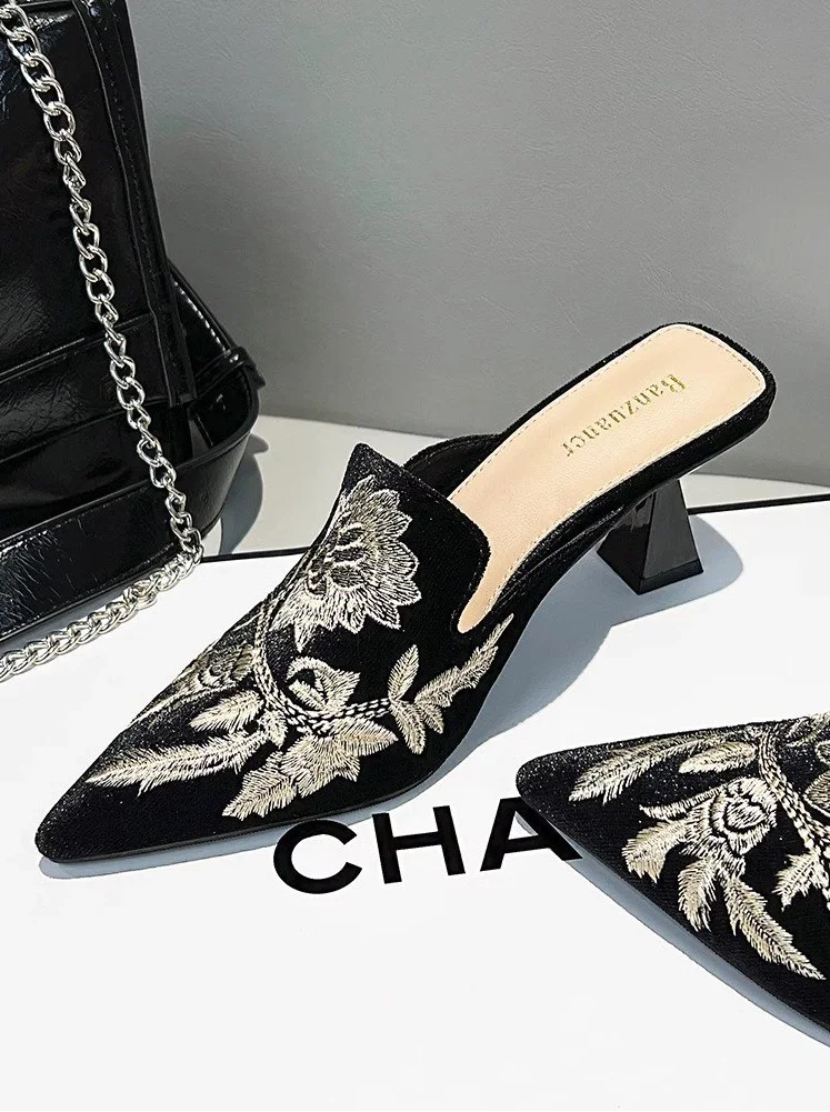 Elegant Velvet Mule Heels Pointed Toe Cone Heel Shoes