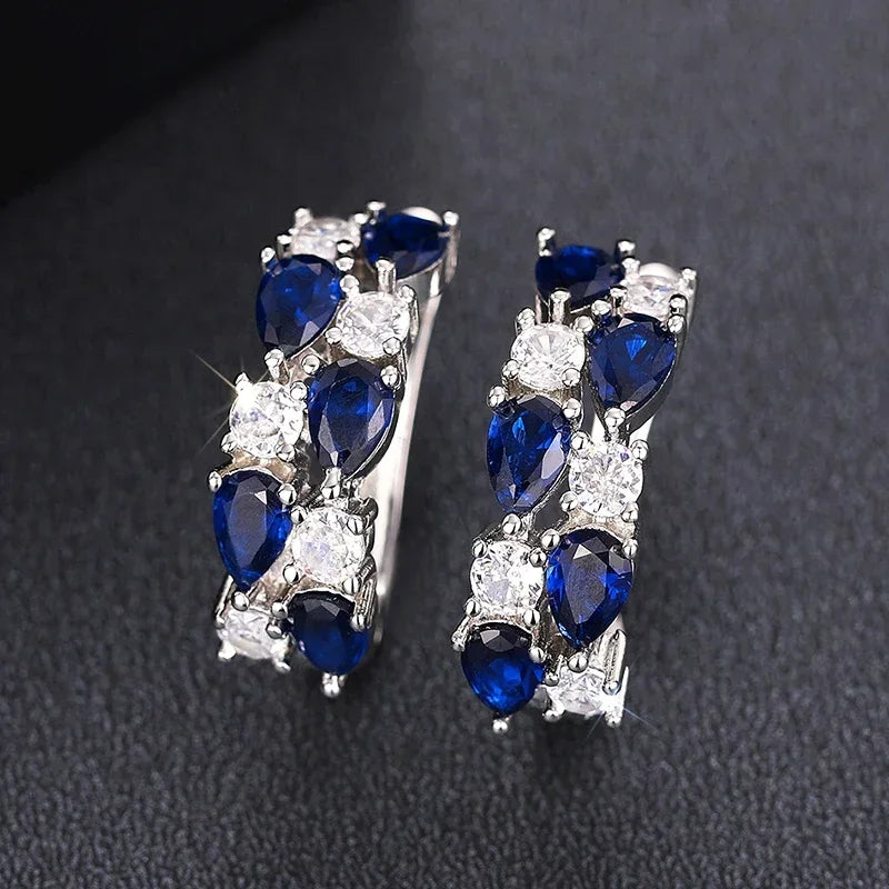 Huitan Luxury Hoop Waterdrop Blue/Green Cubic Zirconia Earrings