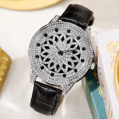 Reloj de cuero giratorio Lucky Star con diamantes completos