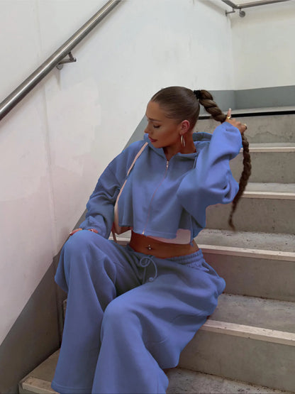 Zip-up Cropped Sweatshirt and Long Pants Casual Hoodies Sweatpants Set