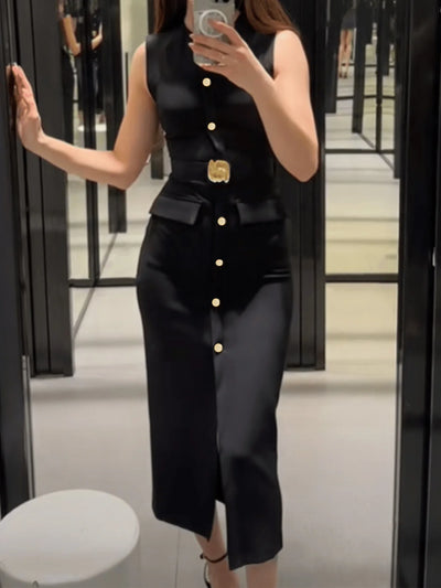 Elegant Sleeveless Button Down Ashirt dress with Belt Front Slit Dress