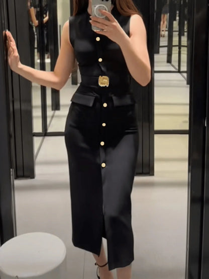 Elegant Sleeveless Button Down Ashirt dress with Belt Front Slit Dress