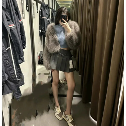 Faux fur Fall/Winter Effect Round Neck Long Sleeve Short Jacket