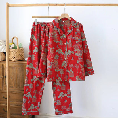 Suit Long-sleeved Trousers 100% Cotton Crepe Flower Leaves Pajama Sets