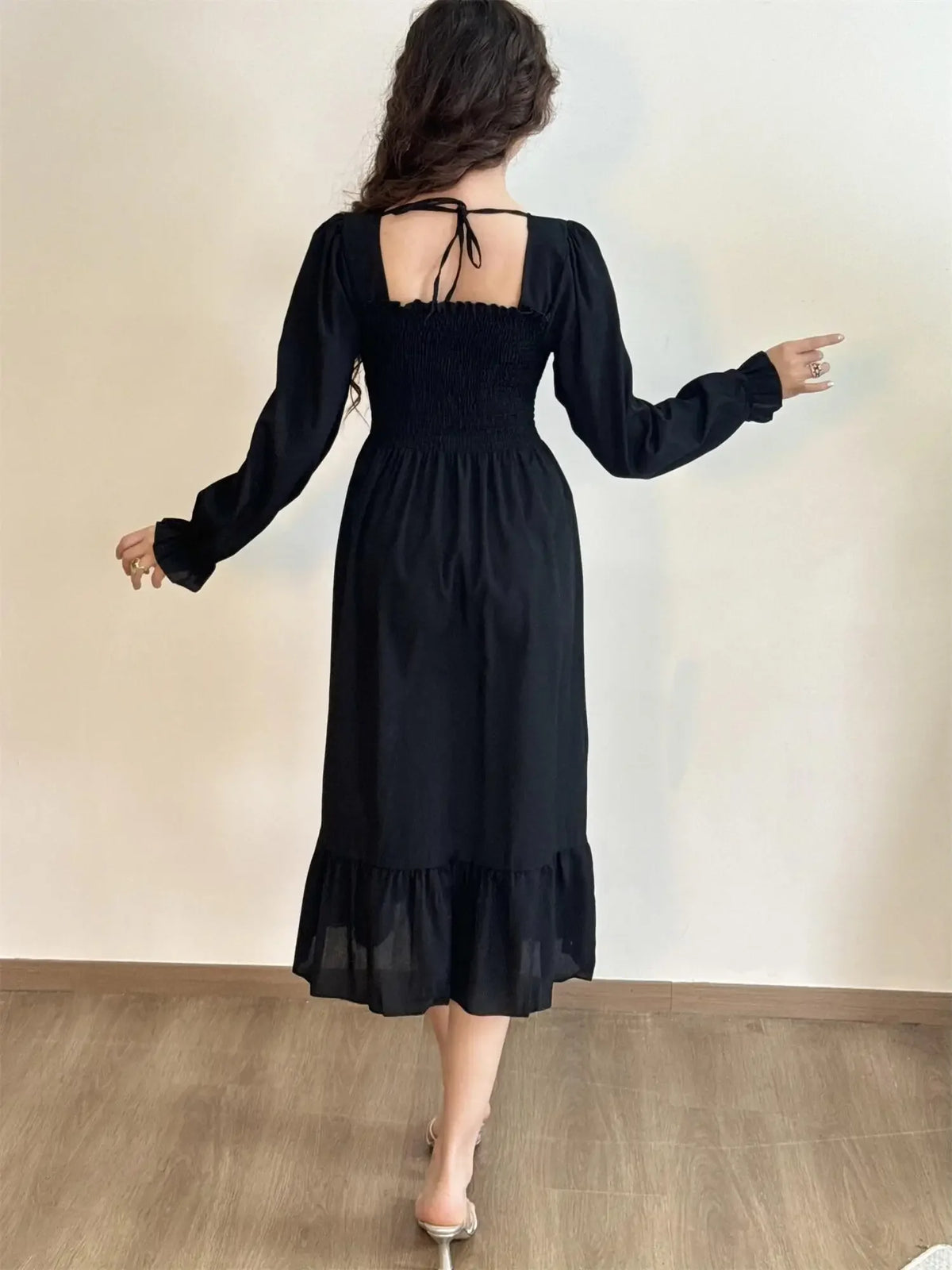 Long Sleeve Casual Chiffon Floral Elastic Chest Lace Up Midi Dress