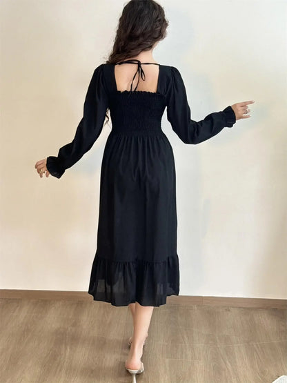 Long Sleeve Casual Chiffon Floral Elastic Chest Lace Up Midi Dress
