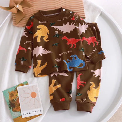 Autumn Cartoon Cat Print Long Sleeve Cotton Sleepwear Pajamas Set