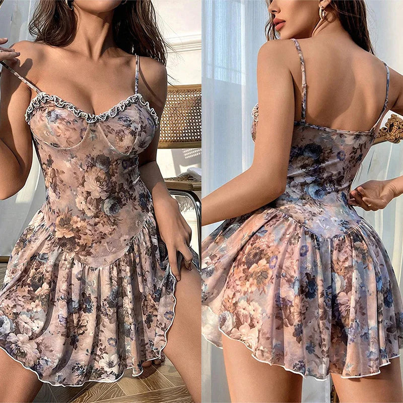 Nightgown Strap tight floral sexy Pajamas dress