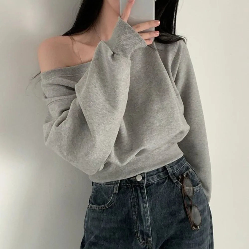 Korean Style Retro Long Sleeve T Shirt Solid Color Casual Sweatshirts